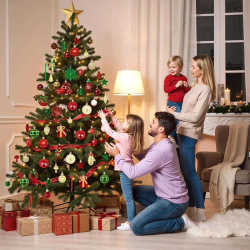 Vista 6 de 82 bolas de adorno de Navidad, decoraciones navideñas, verde, rojo y dorado
