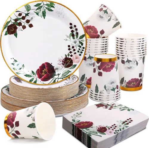 Vista 10 de Juego de 350 platos de papel floral, platos desechables con borde dorado para 50 invitados, suministros de fiesta para adultos, jardín, fiesta