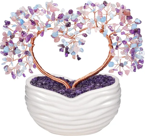 Vista 11 de GEHECRST Árbol de cristal de curación de 7 chakras en forma de corazón, cristal de piedra preciosa, bonsái del árbol del dinero, ornamento