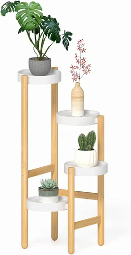 Vista 10 de Estantería de bambú Wisuce para interiores, mesa de 2 niveles de altura para ventana, soporte para múltiples plantas..