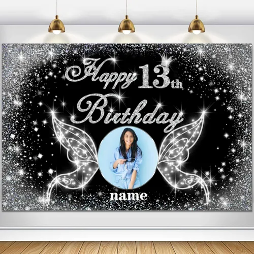 Vista 81 de Cartel personalizado de decoración de fiesta de cumpleaños número 100 - tema de alas de ángel - negro y plateado HY-NLK-100º