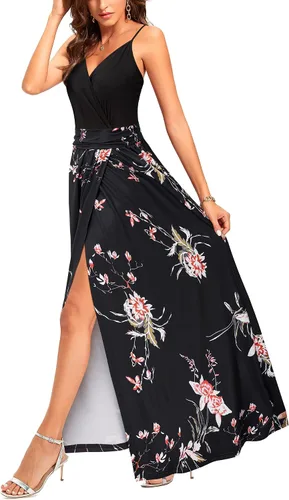 Vista 5 de Newshows - Vestido largo de verano con cuello en V para mujer, con tirantes delgados, sin mangas, con estampado floral, casual y con apertura lateral