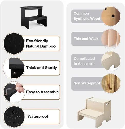 Vista 5 de StrongTek Taburete de bambú de dos escalones para adultos y niños, taburete de cama con parte inferior antideslizante, resistente para cocina, baño