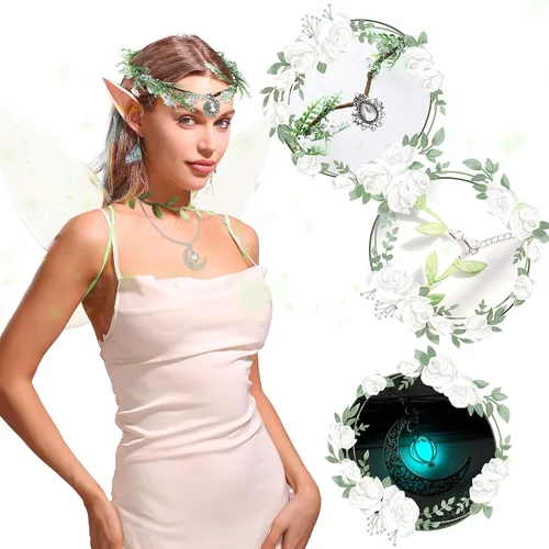 Vista 3 de JeVenis Disfraz de hada de elfo con corona de elfo, accesorios para el tocado de hadas vikingas, accesorios de Halloween