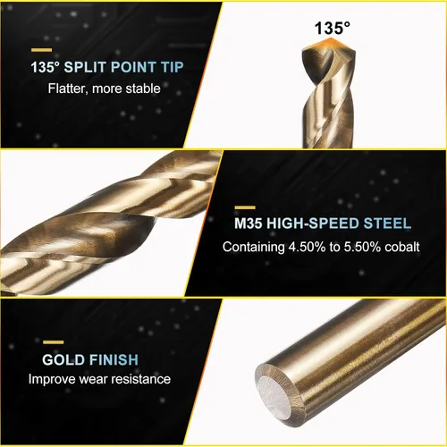 Vista 4 de PATIKIL Broca Jobber de 0.039 in, vástago recto M35 cobalto 5% acero de alta velocidad 135° acabado dorado para metal duro de acero inoxidable - 2