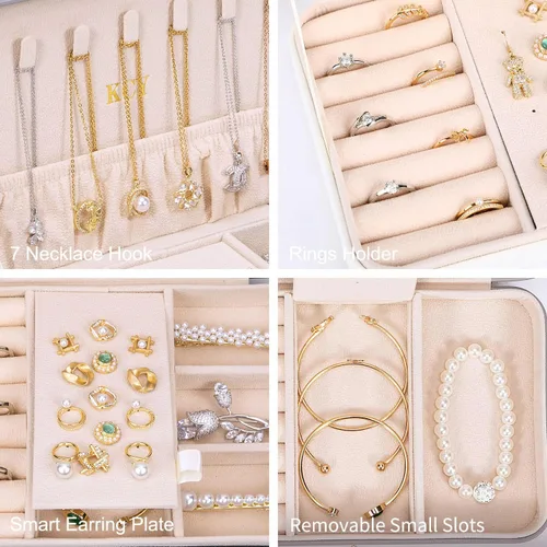 Vista 3 de KCY Joyero para mujeres y niñas, pequeño estuche organizador de joyas de viaje, cajas de almacenamiento de joyas portátiles de piel sintética