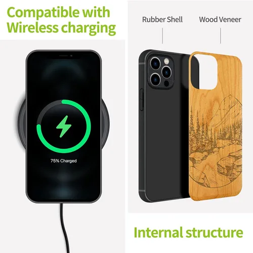 Vista 8 de Carveit Funda magnética de madera para iPhone 12 Pro [madera natural y TPU suave negro] a prueba de golpes, funda protectora de madera única