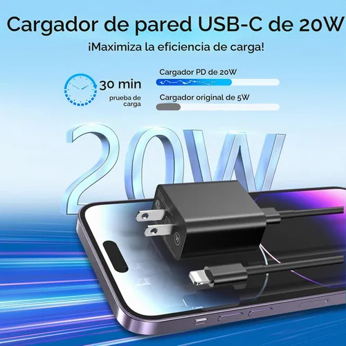 Vista 2 de Cargador de teléfono de carga rápida, 【Certificado MFi】 Paquete de 2 cargadores de pared USB-C de 20 W con 1 paquete de cable de carga rápida