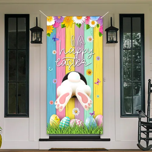Vista 6 de Cubierta de puerta de Pascua, decoración de conejo, huevo y conejo, decoración de margaritas, pancarta de puerta, decoración de granja