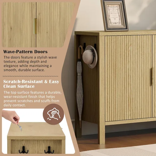 Vista 4 de HY_Modern Wave-Pattern Sideboard with 3 Drawers & 2 Doors - Storage Buffet Cabinet with Adjustable Hooks & Extra Center Leg for Living Room