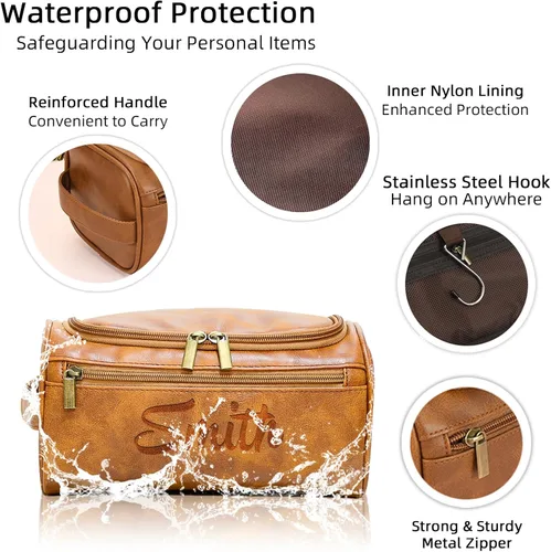 Vista 3 de Xpanrous Neceser personalizado para hombre – Kit de piel sintética grabada con nombre o iniciales personalizados, bolsa de afeitar de viaje hecha a