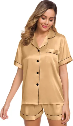 Vista 2 de SWOMOG Womens Silk Satin Pajamas Set Two-piece Pj Sets Sleepwear Loungewear Button-Down Pj Sets