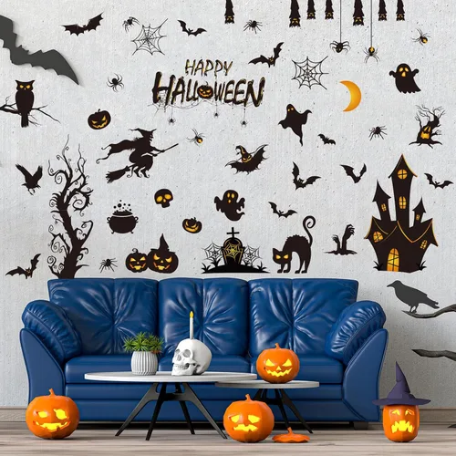 Vista 4 de AnyDesign Calcomanías de pared de Halloween, calcomanías de pared de murciélagos y castillo antiguo, calcomanías de arte de pared extraíbles