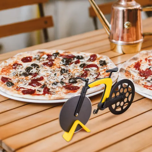Vista 4 de Rueda cortadora de pizza para bicicleta con soporte, cuchillo de pizza de acero inoxidable de 2.4 pulgadas, superficie esmerilada antiadherente