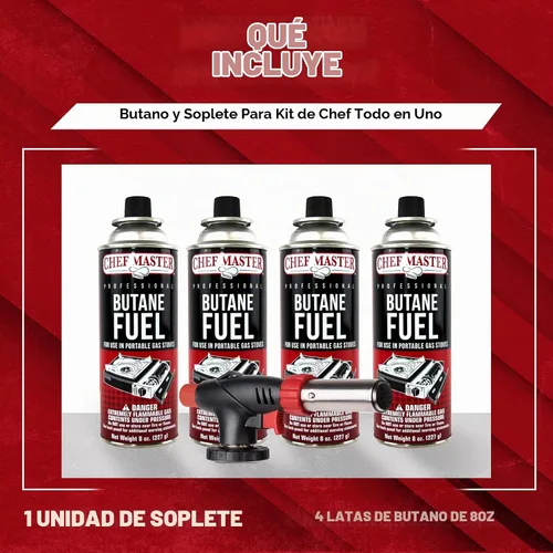 Vista 4 de Chef Master 90022 - Encendedor de butano con 4 botes de estaño de combustible de butano, antorcha de cocina recargable y antorcha de cocina