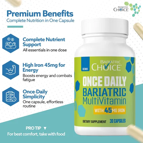 Vista 2 de Bariatric Choice Multivitamínico bariátrico una vez al día con 45 mg de hierro, cápsula fácil de tragar, vitamina para pacientes de cirugía