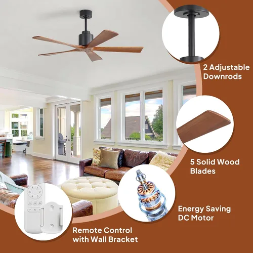 Vista 8 de Sofucor Ventiladores de techo de 52 pulgadas, sin luz, ventilador de techo para exteriores con control remoto, motor CC reversible de 5 cuchillas