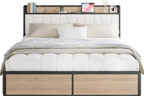 Vista 9 de LIKIMIO - Armazón de cama tamaño King con 4 cajones de almacenamiento, cama de plataforma con cabecera tapizada, resistente y estable, sin ruido,