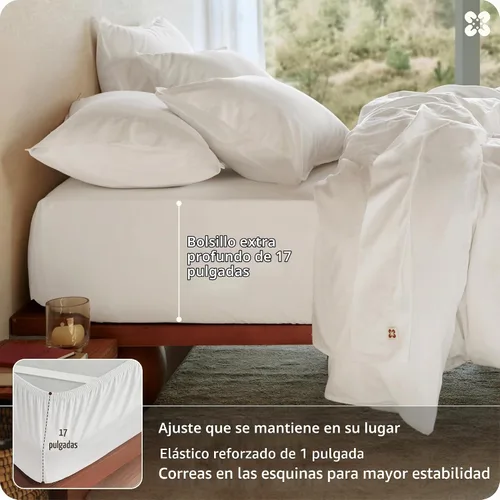 Vista 5 de Bedsure PureWoven - Sábanas de algodón orgánico 100% certificado GOTS, sábanas de tamaño matrimonial, sábanas de bolsillo profundo de 16 pulgadas