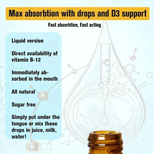 Vista 4 de Gotas líquidas de vitamina B12 sublinguales de 10,000 mcg, fórmula única con D3, B9 (ácido fólico), calcio, energía de apoyo, corazón, estado