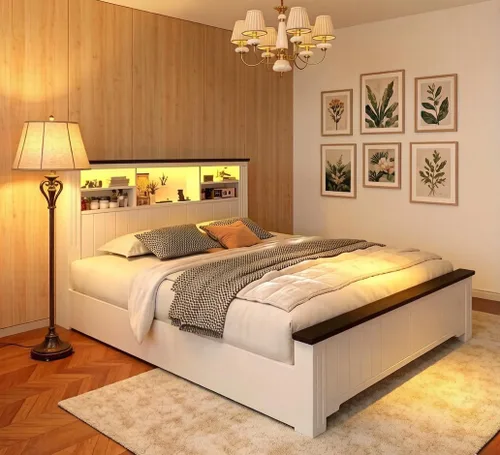 Vista 9 de EnHomee Marco de cama tamaño completo con cabecero, marco de cama completo con 4 cajones, puerto de carga y LED, cama estilo granja completa