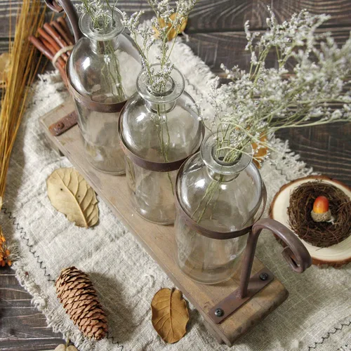 Vista 3 de Juego de floreros rústicos con soporte de estante botellas de vidrio para decoración de centros de mesa