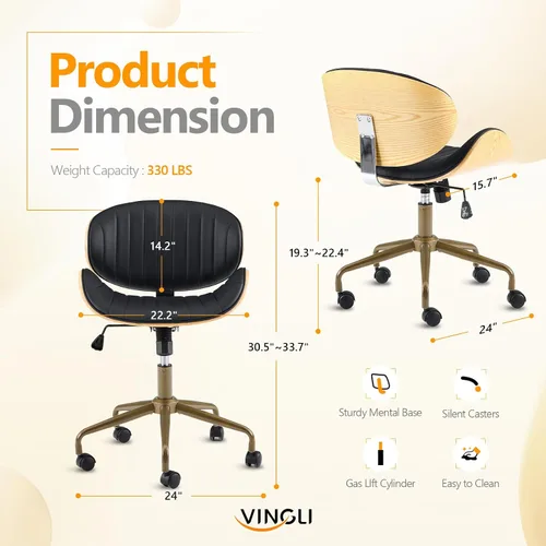 Vista 2 de VINGLI Silla giratoria de oficina en casa amplia y cómoda con carcasa curvada de grano de madera, silla de escritorio ergonómica acolchada sin