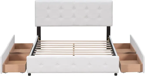 Vista 4 de Bellemave Cama Queen con 4 cajones de almacenamiento, base de cama tapizada con cabecera capitoné con botones, soporte de listones de madera, camas