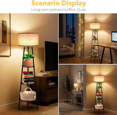 Vista 3 de ZQQLITE 2 lámparas de pie negras con estantes para sala de estar, lámpara de pie, lámpara alta, Amparas elegantes para sala con pantalla de lino