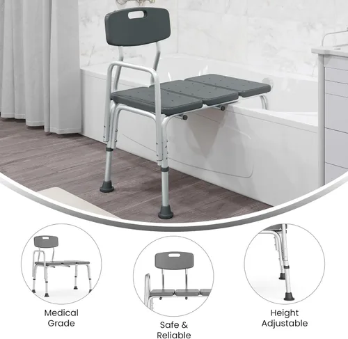 Vista 4 de Flash Furniture HERCULES Series - Banco de transferencia de baño y ducha gris ajustable con capacidad de 300 libras con respaldo y brazo lateral
