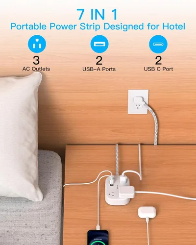 Vista 2 de Cruise Essentials 2026, regleta de alimentación de viaje con USB C, cable de extensión de enchufe plano de 1 pie con 3 tomas, 4 puertos USB