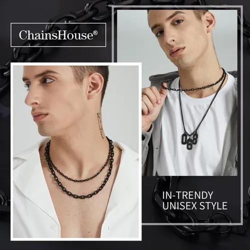Vista 2 de ChainsHouse - Collar cubano para hombre y mujer, 3mm5mm7mm9mm12mm de ancho, acero inoxidablemetal negrochapado en oro de 18 quilates, 18-30 pulgadas