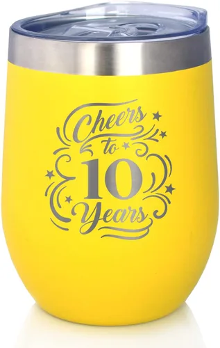 Vista 7 de Cheers to 10 Years - Vaso de vino con tapa deslizante - Taza aislada de acero inoxidable - Regalo para 10 aniversario - Negro