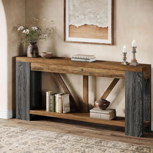 Vista 9 de Tribesigns Mesa de entrada extra larga de 70.9 pulgadas, mesa consola de madera de granja con almacenamiento, mesa de sofá moderna detrás del sofá