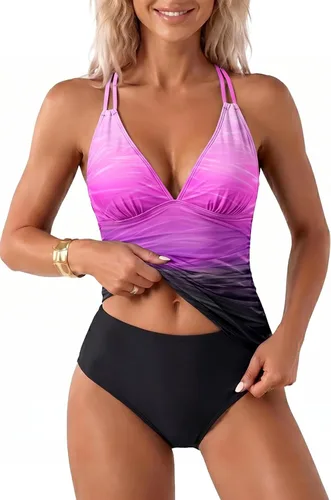 Vista 19 de Yonique Traje de baño de dos piezas para mujer, tankini con control de abdomen, talla grande, cuello halter en V Verde militar