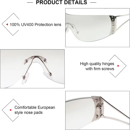Vista 5 de SORVINO Lentes de sol Y2K sin montura para mujeres y hombres, diseño de escudo futurista de moda, de gran tamaño de los años 2000, con estrellas