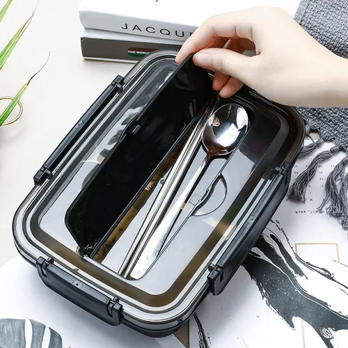 Vista 4 de Lonchera portátil de acero inoxidable 304 Bento Box Lunch Containers Caja de almacenamiento de alimentos con 4 compartimentos vajilla