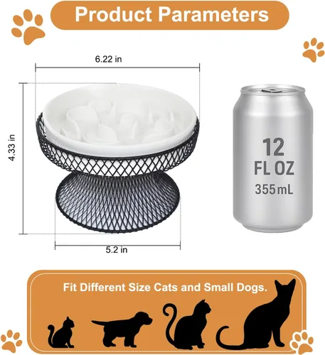 Vista 7 de Tazón de alimentación lenta elevado de cerámica para gatos, plato elevado con soporte, tazón lento para comida húmeda y seca, comedero para mascotas