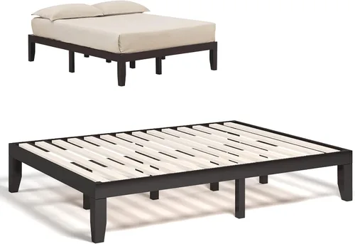 Vista 18 de COSTWAY Base de cama de plataforma de tamaño individual, base de colchón de madera de goma maciza de 14 pulgadas con soporte de listones