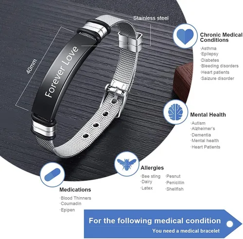 Vista 123 de OPALSTOCK Pulseras médicas personalizadas de silicona ajustable para identificación de emergencias, grabado gratuito, 9 pulgadas, resistente al