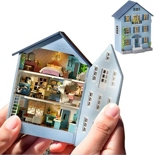 Vista 12 de Kit de Muebles de Casa de Muñecas de Madera en Miniatura DIY, Mini Casa de Muñecas Hecha a Mano con LED, Escala 1:24, Juguetes de Artesanías