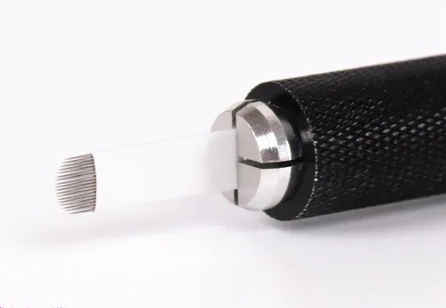 Vista 2 de 50 agujas de tatuaje, aguja de maquillaje permanente Biomaser manual para cejas, microcuchilla de 18 U (azul)