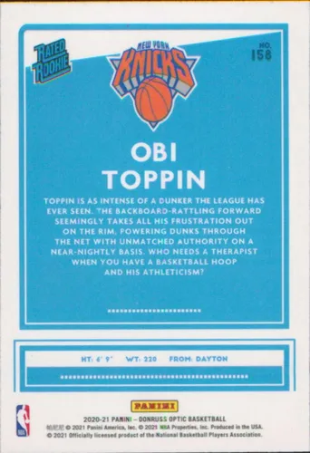 Vista 2 de 2020-21 Donruss Optic #158 Obi Toppin Rated Rookies RC Rookie New York Knicks NBA Basketball Trading Card