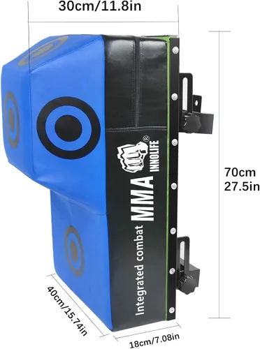 Vista 2 de INNOLIFE Bolsa pesada de boxeo para montaje en pared para entrenamiento de artes marciales mixtas (27.5 x 15.8 x 11.8 pulgadas, azul)