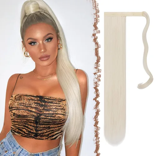 Vista 9 de FESHFEN Extensiones de Cola de Caballo - 24 Pulgadas de Largo Liso Rubio Dorado Envolvente Colas de Caballo Sintéticas Pieza de Cabello Extensiones