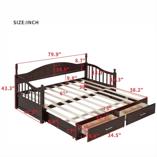 Vista 2 de Harper & Bright Designs Sofá cama individual de los años 80 y 90 con nido, base de cama extensible con 2 cajones de almacenamiento, cabecera Blanco