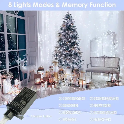 Vista 3 de Guirnalda de luces LED enchufables de 33 pies, impermeable, para exteriores e interiores, 8 modos con temporizador, luz de Navidad, decoración
