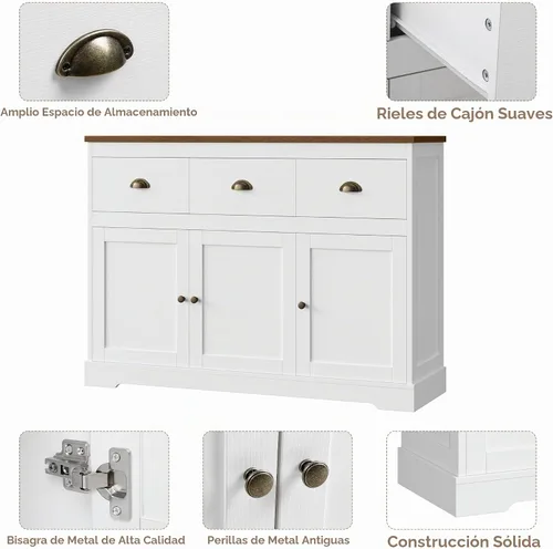Vista 6 de Keyluv Armario de buffet blanco para almacenamiento, aparador de cocina, estilo granja, bufé, bar, gabinete de vino con 3 cajones y 3 puertas