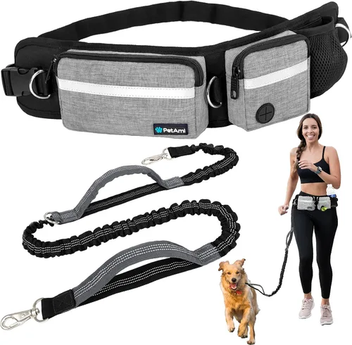 Vista 10 de Correa para perro PetAmi manos libres, correa para correr con bolsa para la cintura, para caminar, trotar, doble bolsillo con cremallera