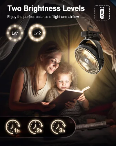 Vista 6 de FRIZCOL Ventilador portátil de 12000 mAh con clip de 8 pulgadas, recargable, funciona con pilas, ventiladores de campamento con luces y control